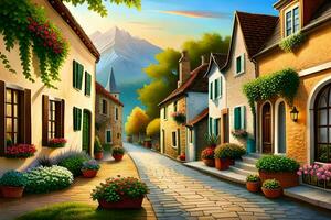 an illustration of a street in a village. AI-Generated photo