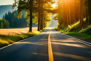 un largo la carretera con arboles y césped en el antecedentes. generado por ai foto