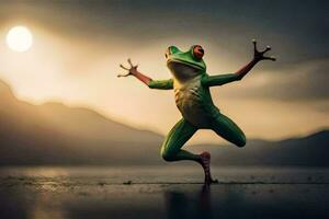 a frog jumping in the air with its arms outstretched. AI-Generated photo