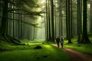 a couple walking through a forest with green trees. AI-Generated photo