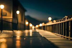 a long bridge with lights on it at night. AI-Generated photo