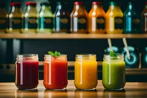five different juices in jars on a table. AI-Generated photo
