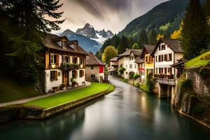 suizo pueblo por el río. generado por ai foto