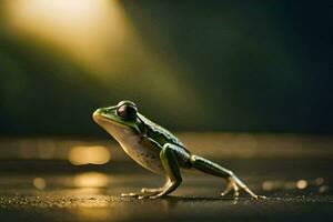 a frog is standing on the ground with its legs spread. AI-Generated photo