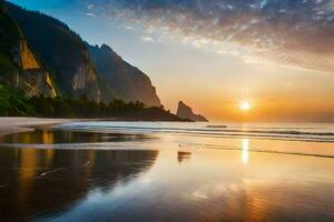 el Dom sube terminado el Oceano y montañas en esta foto. generado por ai foto