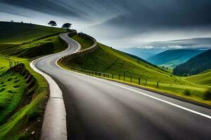 a winding road in the mountains with a cloudy sky. AI-Generated photo