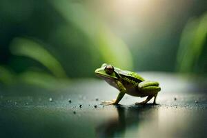 a frog sitting on a wet surface with a green background. AI-Generated photo