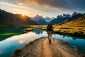 un hombre camina a lo largo un camino en el montañas. generado por ai foto