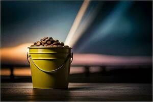 a bucket of nuts on a table in front of a sunset. AI-Generated photo