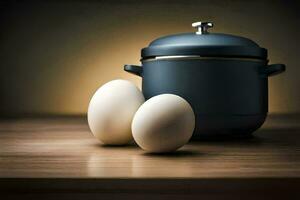 two eggs sit next to a pot on a table. AI-Generated photo