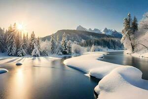 un río en el nieve con arboles y montañas en el antecedentes. generado por ai foto