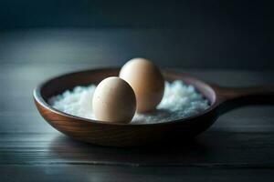 two eggs in a bowl of salt on a wooden table. AI-Generated photo