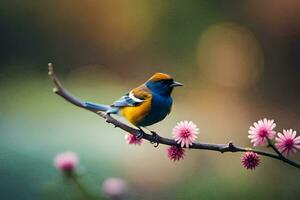 a blue and orange bird sits on a branch with pink flowers. AI-Generated photo