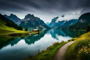 un lago rodeado por montañas y un camino. generado por ai foto