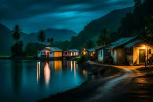 photo wallpaper the sky, water, mountains, house, night, vietnam, the night. AI-Generated