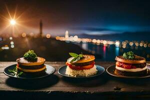 Tres pequeño platos con comida en ellos sentado en un mesa. generado por ai foto