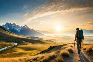 un hombre con un mochila camina mediante el montañas. generado por ai foto