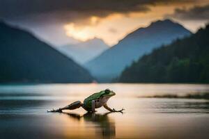 un rana sentado en el borde de un lago a puesta de sol. generado por ai foto
