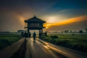 the sun rises over the rice fields. AI-Generated photo