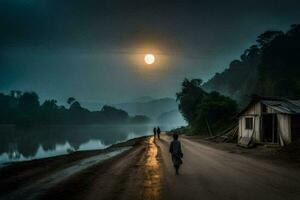 a man walking down a road with a house in the background. AI-Generated photo