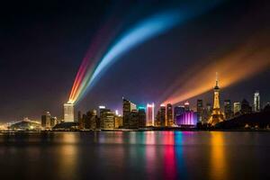 the city skyline is lit up with rainbow lights. AI-Generated photo