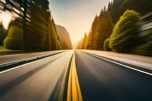 a blurry image of a road with trees in the background. AI-Generated photo