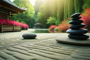 a stone stack sits in the middle of a garden. AI-Generated photo