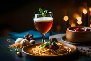 spaghetti with meat sauce and a glass of beer. AI-Generated photo