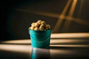a bucket filled with peanuts on a table. AI-Generated photo