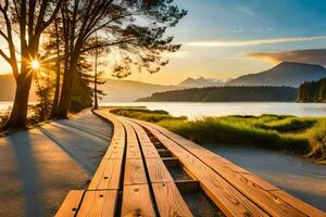 a wooden boardwalk leads to a lake and mountains. AI-Generated photo