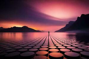 un hombre soportes en un plataforma en frente de un lago. generado por ai foto