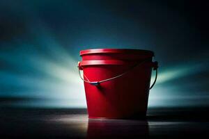 a red bucket on a dark floor. AI-Generated photo