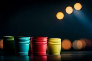 colorful cups on a table with lights in the background. AI-Generated photo