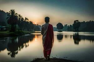 un hombre en un rojo sari soportes por el agua a puesta de sol. generado por ai foto