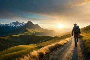 a man walking on a path in the mountains. AI-Generated photo