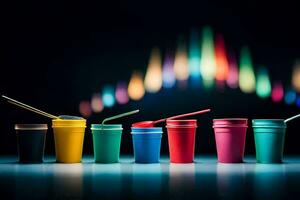 a row of colorful cups with straws and lids. AI-Generated photo