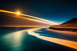 a long exposure photograph of a jet flying over the ocean. AI-Generated photo