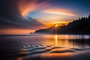 puesta de sol terminado el Oceano con olas y arboles generado por ai foto