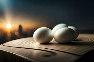 three eggs on a wooden table with the sun in the background. AI-Generated photo