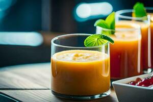 three glasses of orange juice with fruit and mint leaves. AI-Generated photo