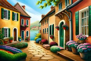 un pintura de un calle con flores y casas generado por ai foto