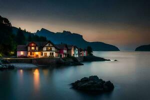 un casa en el apuntalar de un lago a oscuridad. generado por ai foto