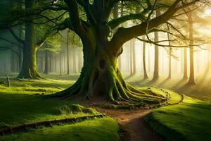 a tree in the middle of a forest with a path leading to it. AI-Generated photo
