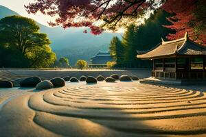 a pagoda and rocks in the middle of a lake. AI-Generated photo