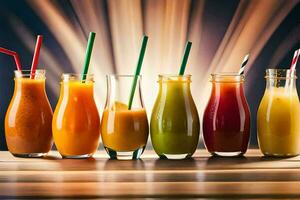 a row of different juices in glasses. AI-Generated photo