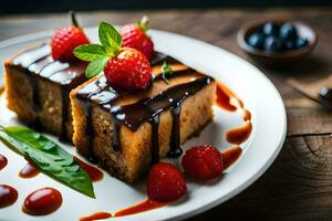 a piece of cake with chocolate sauce and berries. AI-Generated photo