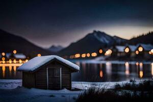 a small cabin sits in the snow next to a lake. AI-Generated photo