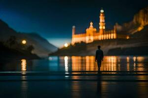 un hombre soportes en el apuntalar de un lago a noche. generado por ai foto