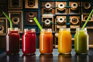 five different types of juices in jars. AI-Generated photo