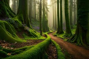 a path through a forest with mossy trees. AI-Generated photo